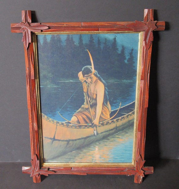 Vintage Adorondak Frame with Indian Maid Art Print (14 x 18.5 O.D.)
