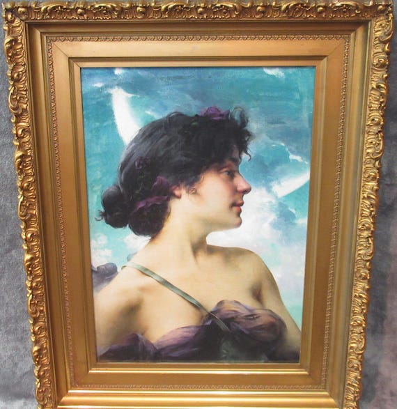 Preraphialite "Lady as Diana" Giclee Art Print  Portrait / Paul François Quinsac. Quality Art Antique Frame in Superb Condition, signed