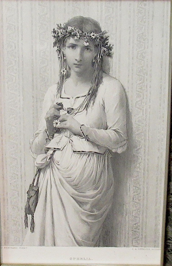 Original "Ophelia" 1800s Etching in Vintage / Antique Frame,