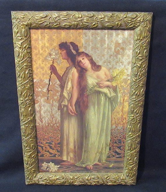 Two Women Together, Colorful Print, 1877 Painting by K. Spanyek / Antique Molded Wood Frame  21" Tall