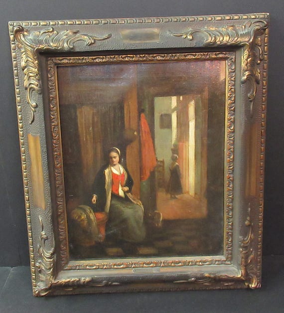 Antique Oil Painting, Original Signed Werner,  After Pieter de Hoch / Woman Beside a Cradle