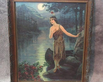 Original Early Printing Indian Maiden Art Print in Beautiful Antique Frame