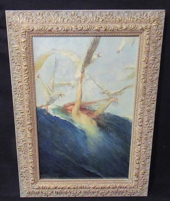 Mermaid Art Print, Painted by Giovani Segantini, signed. Early Antique Picture Frame  / Super Detail Larger Piece