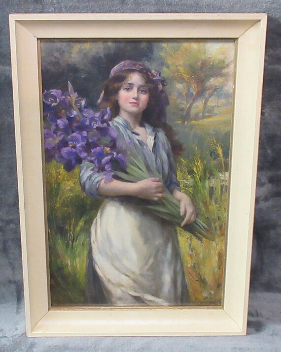 Spring Art " Iris" in Vintage Frame  / Clean, Super Condition, signed N. Davies