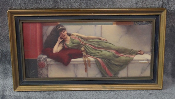 J. W. Godward Painting Print, Pre Raphialite in Antique Diminutive Frame /