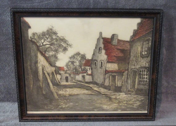 Lucien Dasselborne Art / The Village, Two tone art print in vintage frame