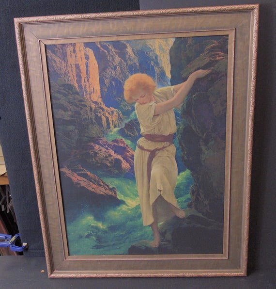 Unique Large Original Maxfield Parrish Art Print, Printing Giclee 1920s Antique Frame