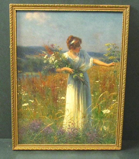 Picking Wild Flowers, Art Print in Antique/Vintage Frame 10 x 12.5
