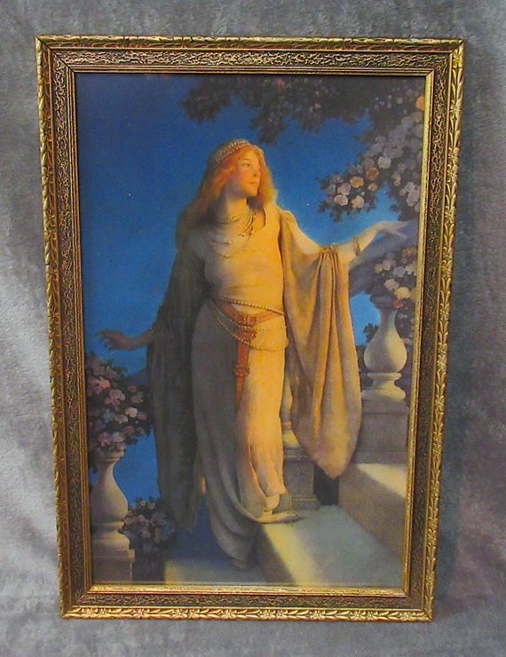 Excellent Maxfield Parrish Art Print in Original Antique Frame /  Enchantment  / 17.5 tall