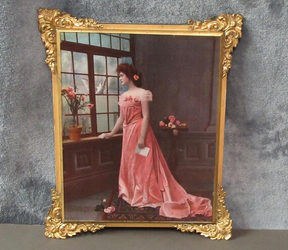 1800s Original Antique Victorian, Art Print behind Glass. Embellished corners / Classic