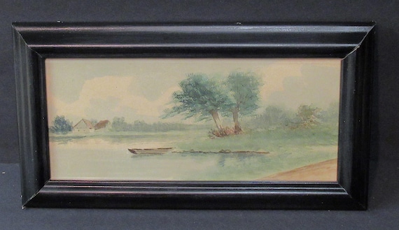 Early American Painting, Lake Farm Scene with Skiff, Framed (11 x 6.5")