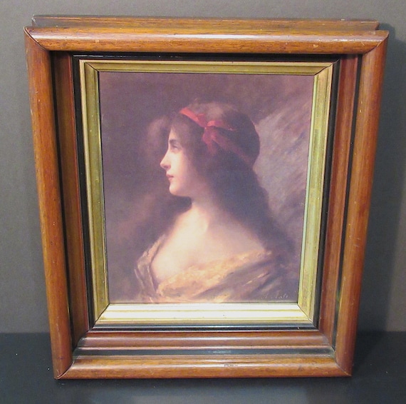 Antique Victorian Walnut Frame, Beautiful Portrait Painting Art Print by A. Asti / Signed Excellent condition 14.5  x 12