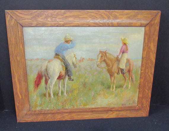 1930s Oil Painting Cowboy Cowgirl Range Scene, Antique Wood Frame (20 x 15)
