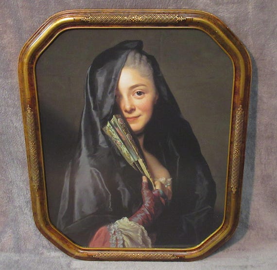 Lady in the Veil / Large Painting Art Print in Beautiful Vintage Antique Frame