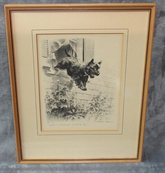 Cute Gotta Go Scottie Dog  / Original Lithograph / with vintage mid century frame and original mat, signed excellent condition