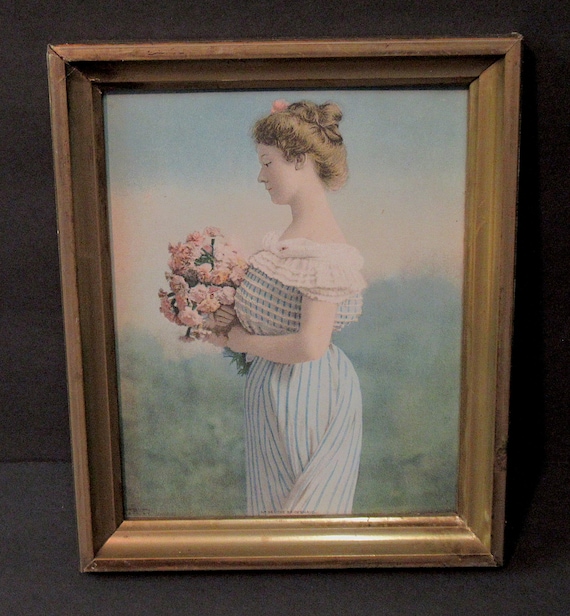 Victorian Art Print, Woman with Flowers, "Bridesmaid" Title, Antique Frame 1902