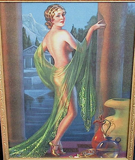Print of Nude Calendar Pinup Type Art in Larger Vintage/Antique Frame Artist, Pressler ?