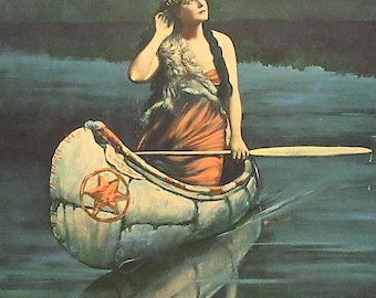Indian Maiden "Necia" Full Length Original Lithograph Print, Antique Wood Frame 17 X 12