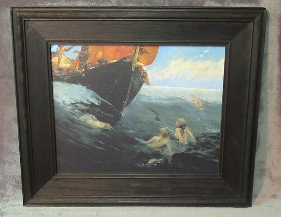 Fun Mermaids and Vikings Painting Art Print   / Edward Matthew Hale with Antique Frame /
