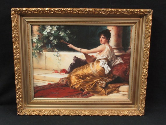 Beautiful musician by Conrad Kiesel Painting Art Print / Larger size in Antique Victorian Frame, signed