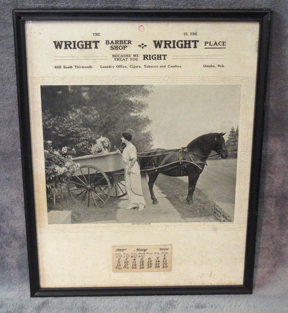 Antique Original Horse and Cart 1920 Barber Shop Calendar/ Sharp Detail / Wright Barbers