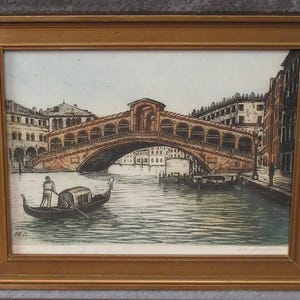 Venice Scene, Ponte de Rialto / Original Signed Artist Etching Print in Antique Frame