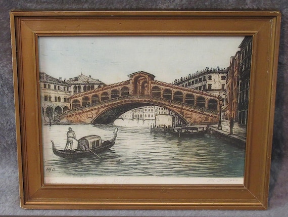 Venice Scene, Ponte de Rialto / Original Signed Artist Etching Print in Antique Frame