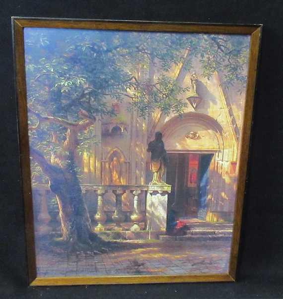 Sunlight and Shadow by Albert Bierstadt / Very detailed gothic architectural, rich color with vintage frame.
