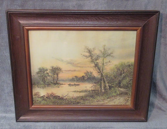 Original Antique Art Print Early River Scene late 1800s / Contemporary Wood Frame 24 " wide !