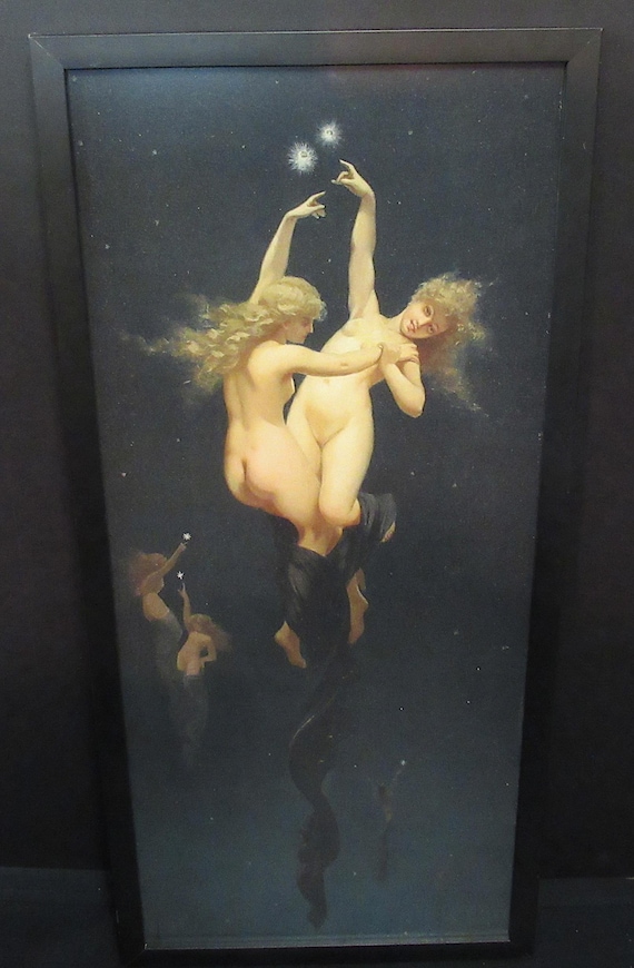 luis Faléro Painting, Angels / Fairies  26.5 x 14.5 in Vintage Custom Frame