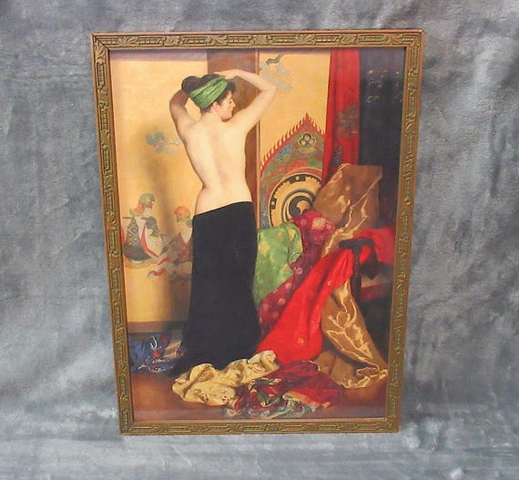 Antique Original Art Deco Picture Frame / John Cullier 1917 Painting / Sharp detail and color on this beautiful art print.