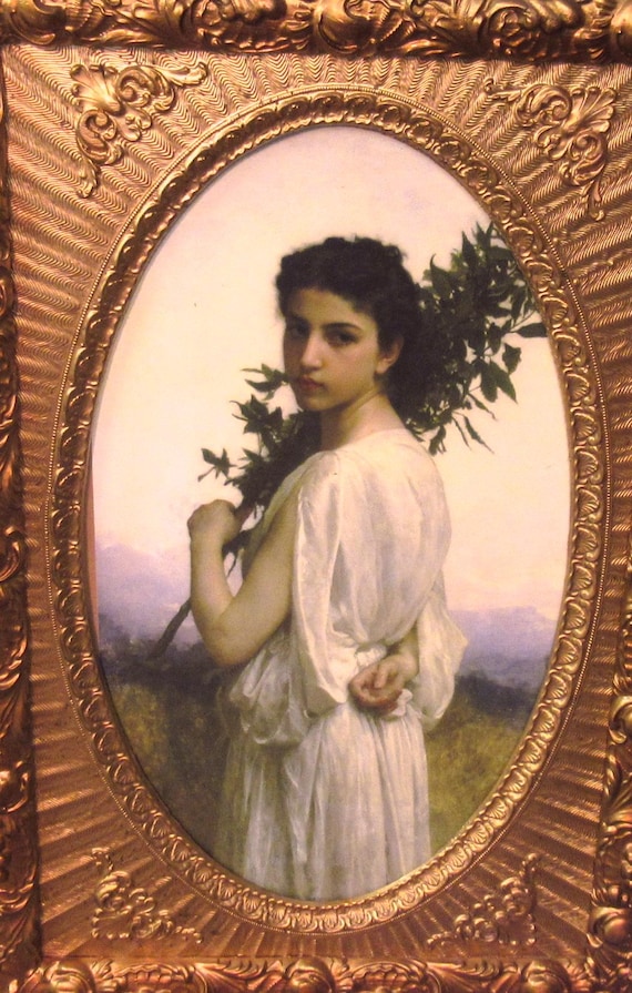 Beautiful W. A. Bouguereau 1904 Painting. Stunning Sharp Colors. Giclee Art Print in Oval Antique Victorian Frame, Brilliant Condition