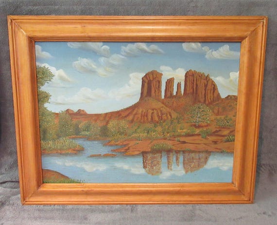 Original Oil Painting of Red Rock Pass and Lake, Wood Frame