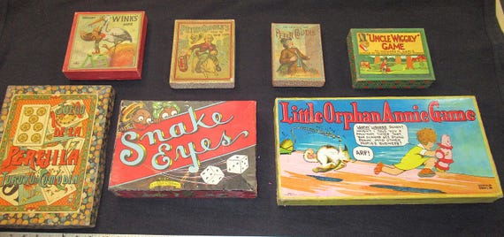 Antique Game Collection, & 7 Antique, Vintage Board Games with Boxes