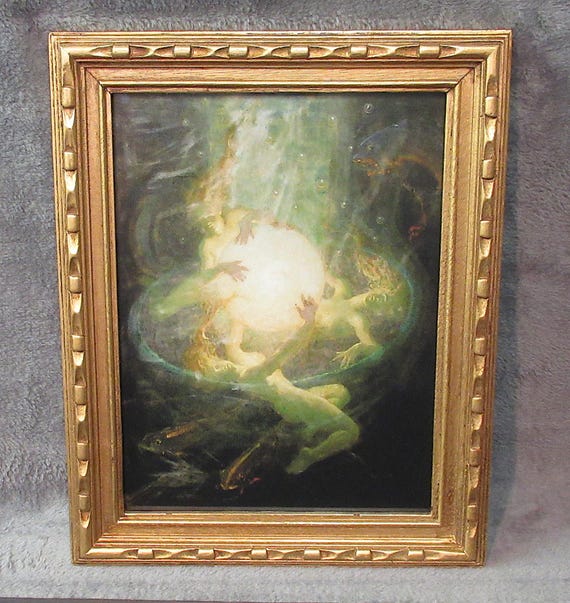 Mermaids with Sphere, Arthur Price Spears Color Art Print in Vintage Frame