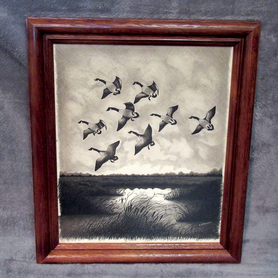 Original Antique Art / Geese Landing, Very well done pen and ink  / quality work with vintage wood frame Mid Century Signed