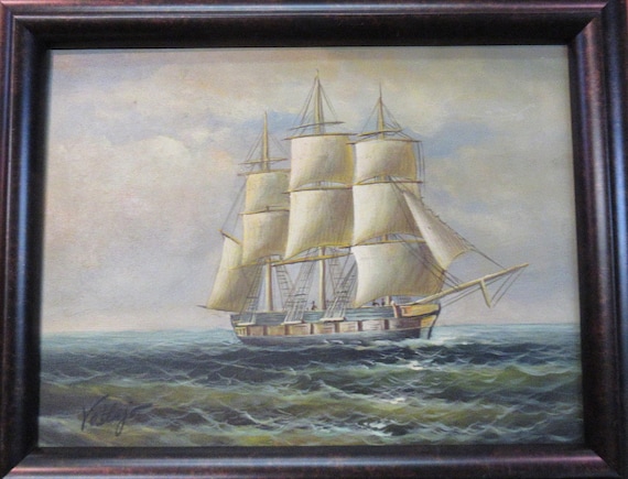 Sailing Ship Original Oil Painting, Antique Style in Custom Contemporary Frame