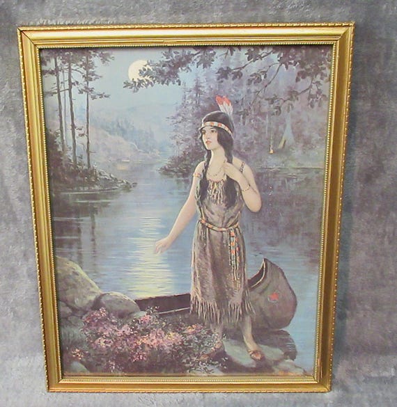 Original Earlier Printing of Indian Maiden Art Print, Signed in Antique Frame /