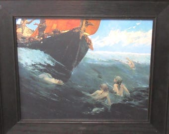 Fun Mermaids and Vikings Painting Art Print   / Edward Matthew Hale with Antique Frame /