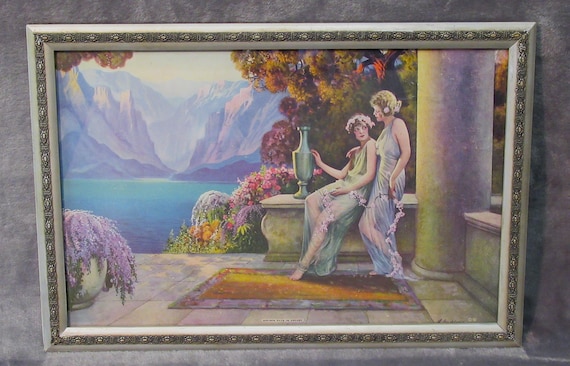 Original 1920s L. Goddard Printing, "Golden Days in Arcady" /  Excellent Color in Antique Frame, signed