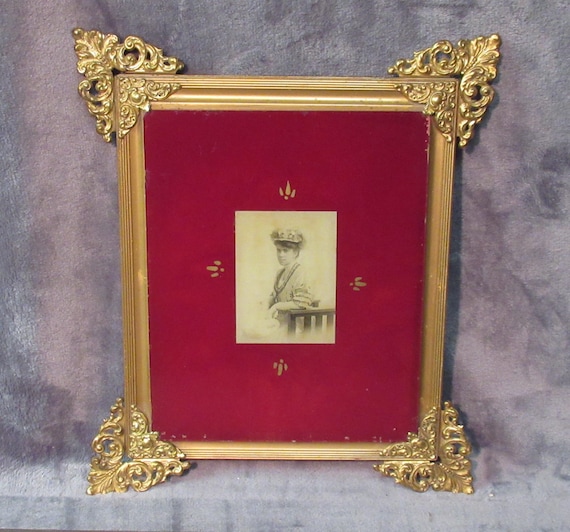 1800s Original Antique Victorian, Photograph Reverse painted ruby glass. Embellished corners