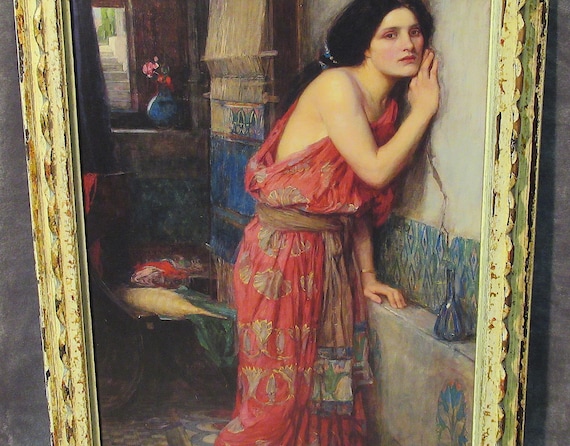 Exceptional J. W. Waterhouse Art with Wonderful Carved Original Finish Wood Antique Frame /