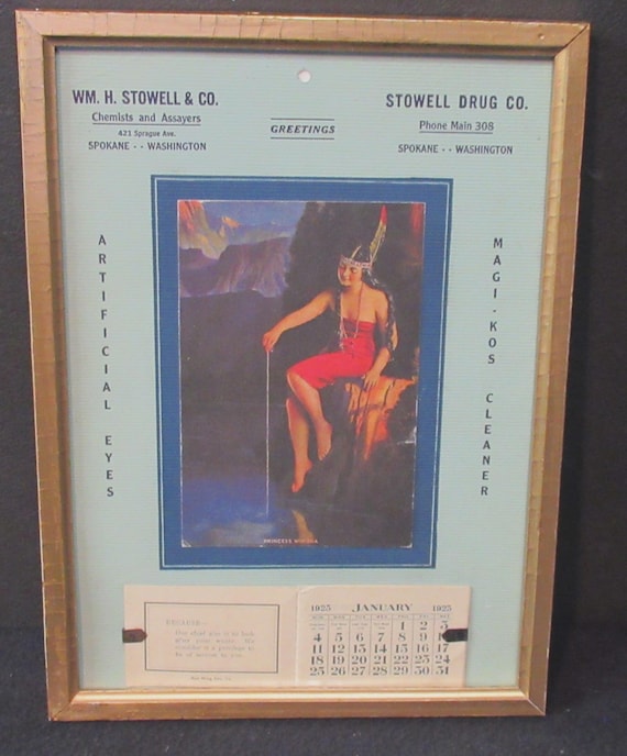 Original Indian Maiden Lithograph 1925 in Its Original Calendar Form / Antique Condition Vintage Frame