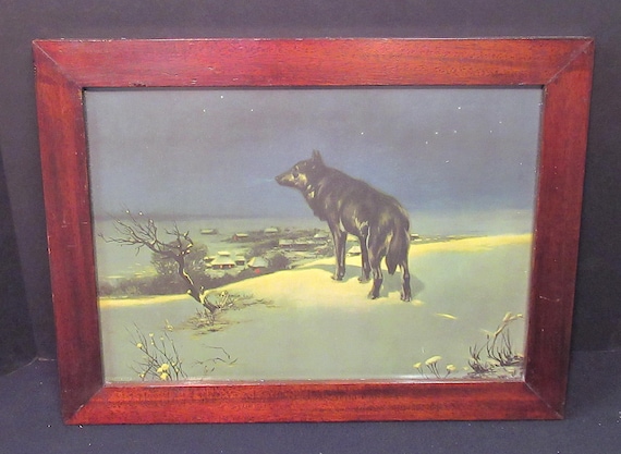 Original Lithograph 1920s "Lone Wolf" in Antique Frame, Larger edition