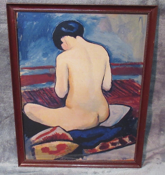 Beautiful August Macke Nude Art Print in antique/vintage frame / Circa 1910 Painting / Excellent detail and color