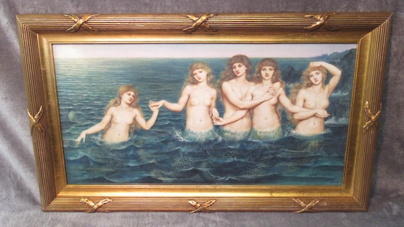 Evelyn de Morgan's Painting "The Sea Maids" Art Print, Antique Frame
