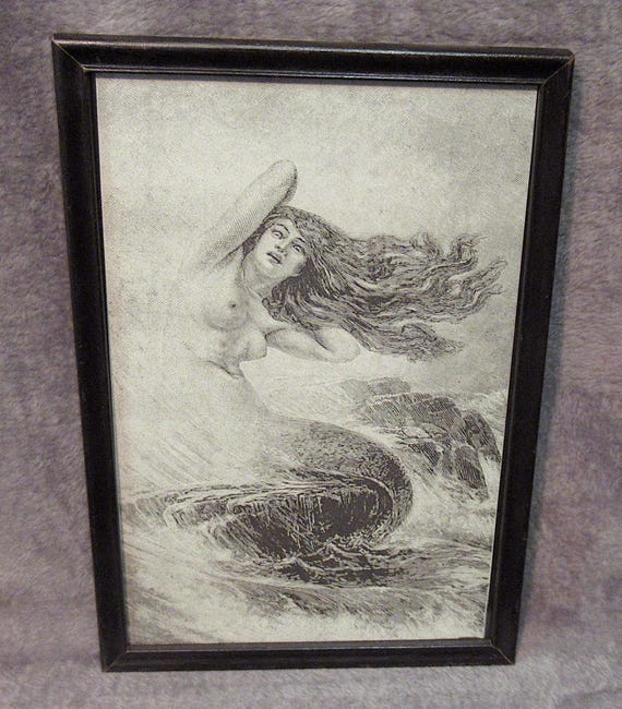 Mermaid Art Print in Vintage Frame, unsigned /