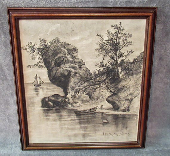 Original Plein Air Antique Art / Very well done charcoal pastel landscape  / quality work with vintage frame circa 1920s Signed