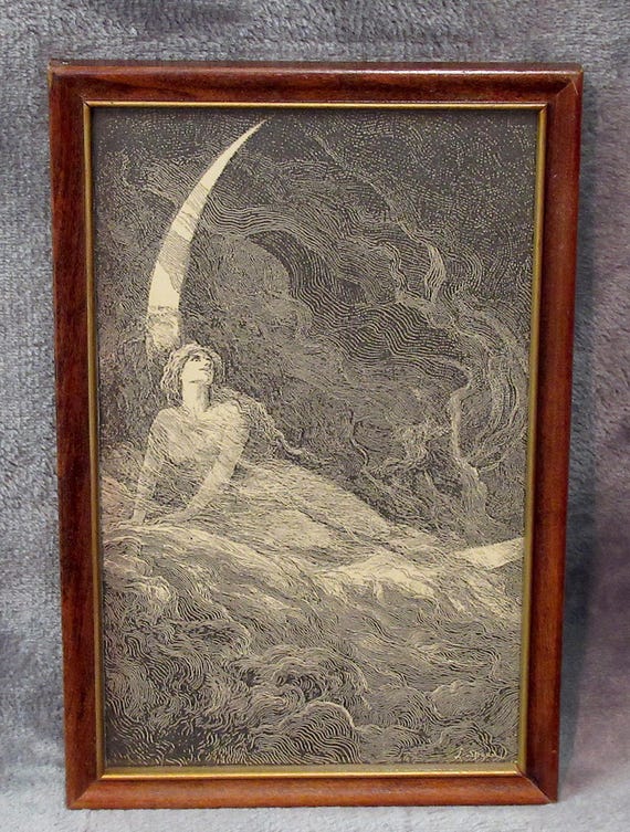 Art Print or Etching Style in Vintage / Antique Frame, signed /