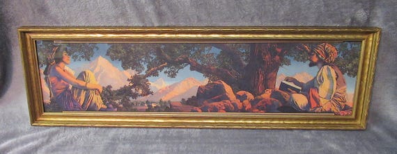 Maxfield Parrish Art Print in Vintage Wood Frame / Rubikia  25.5 x 8 Inches
